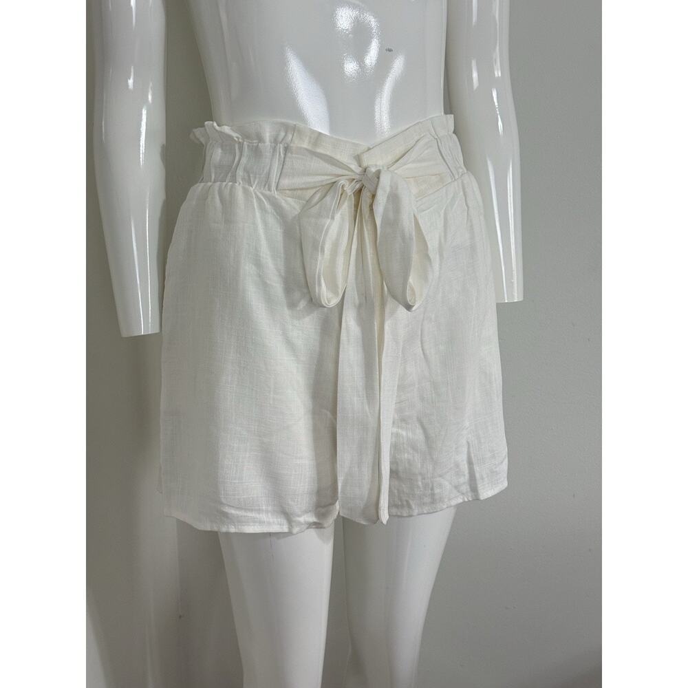 NWT Women Paperbag Shorts Off White Linen High Waist Tie Belt Summer Size L